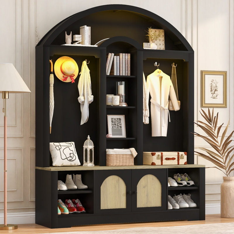 2-Tone Curved Entryway Cabinet With Hooks, Black 