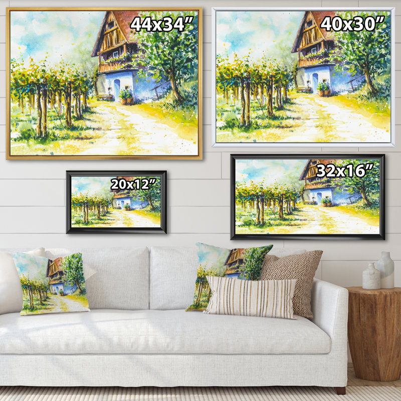 Maison près du vignoble - Peinture sur toile, H 25 po x l 33 po, Cadre doré