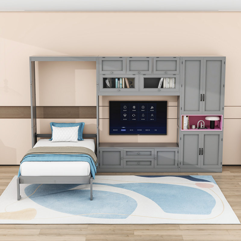 Lit escamotable simple 2 tiroirs en bois avec tablettes et armoires, gris