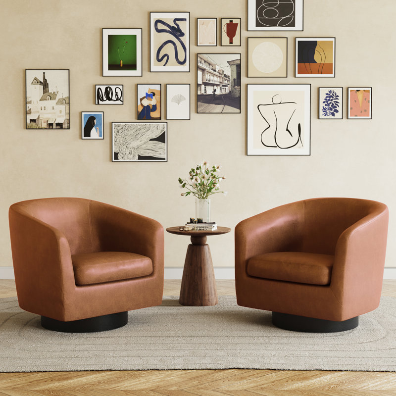 72Cm Wide Swivel Barrel Chair, Brown Faux Leather/Black