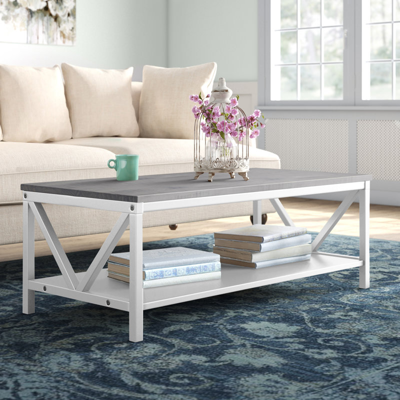 V-Frame Two-Tone Coffee Table with Lower Storage Shelf, Gray, White
