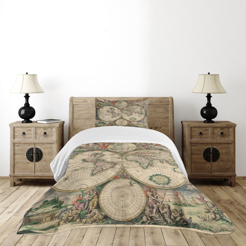 Twin White Quilted World Map Bedspread Set