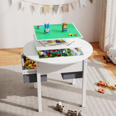 Kids Table with Storage, Wooden Kids Play Table with 2 Canvas Drawers, Round Toddler Activity Tables with Double Sided Desktop for Ages 3-8, Building by Isabelle & Max