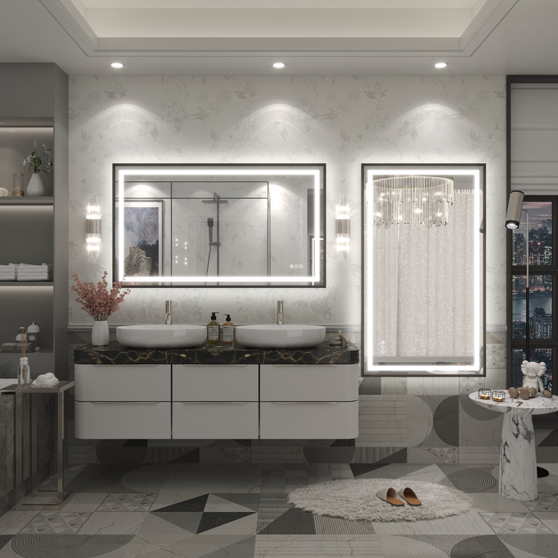 Molly Black Metal Framed LED Front Light and Backlit Anti-Fog Wall Bathroom/ Vanity Mirror, 48" x 28", Black