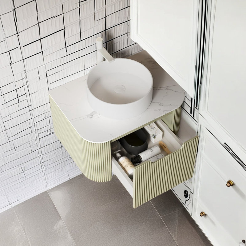 Meuble-lavabo mural 24 po avec lavabo en céramique, armoire de rangement pré-assemblée, comptoir en marbre artificiel blanc, robinet non inclus,