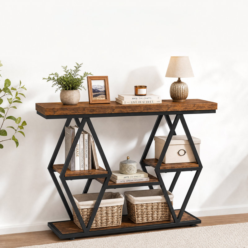 Console 39,4 po à 3 niveaux pour le salon - Canapé étroit / table d'entrée, structure en métal à losanges, tablettes de rangement ouvertes - brun rustique