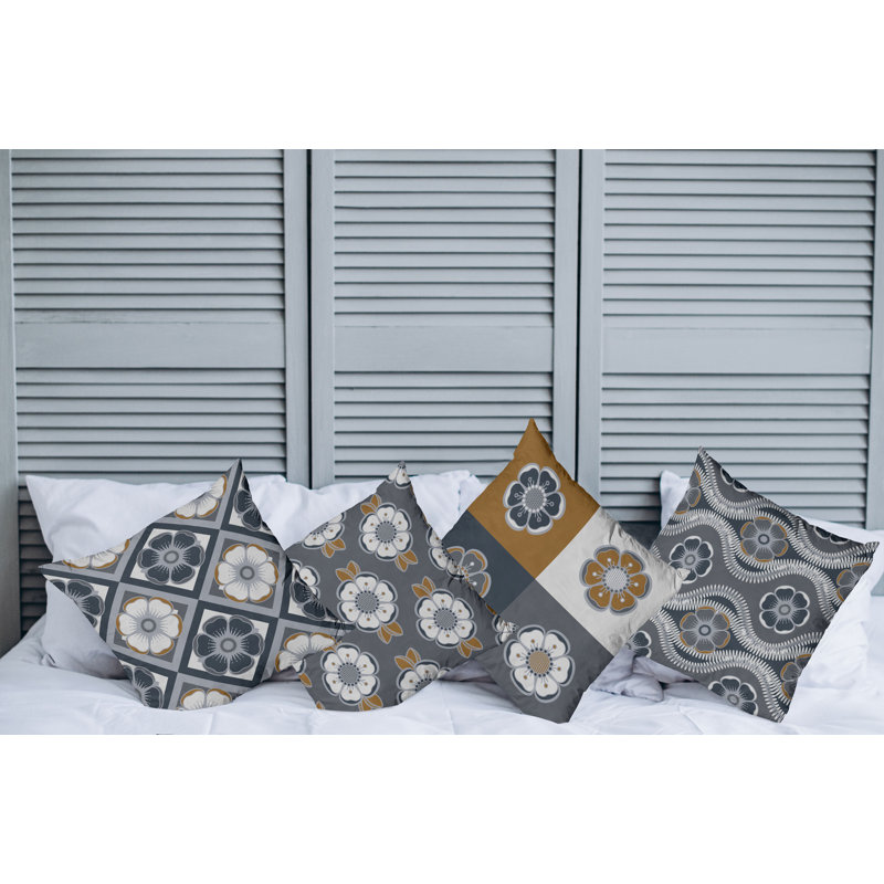 Dark Blue and Amber Microfiber Floral Throw Pillow Set