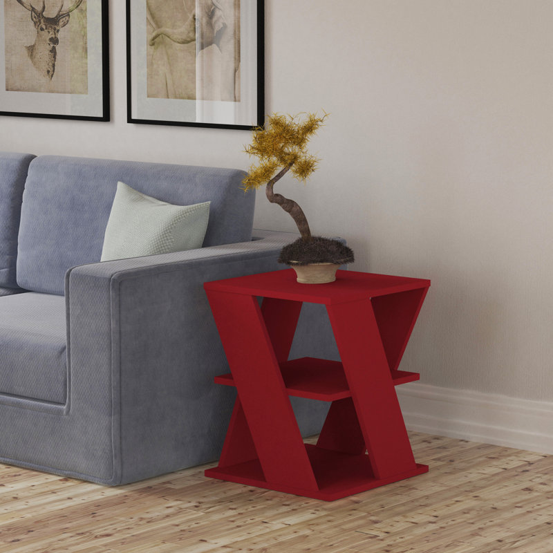 Cateline Geometric Floor Shelf End Table with Storage, Burgundy