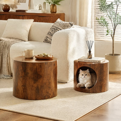Ensemble de 2 tables basses gigognes rondes, tabouret gigogne en forme de nid pour chat, table d'appoint multifonction pour salon, aucun assemblage requis