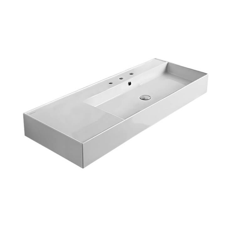 Scarabeo By Nameeks 18.1'' White Ceramic Rectangular Vessel, Wall Mount Bathroom Sink with Overflow, Three Hole