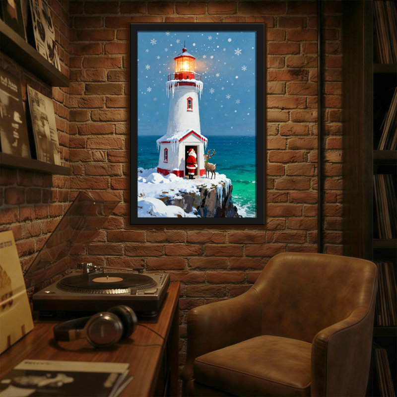 Noël, phare de Noël, père Noël, renne, flocon de neige, océan, scène hivernale, H 18 po x l 12 po
