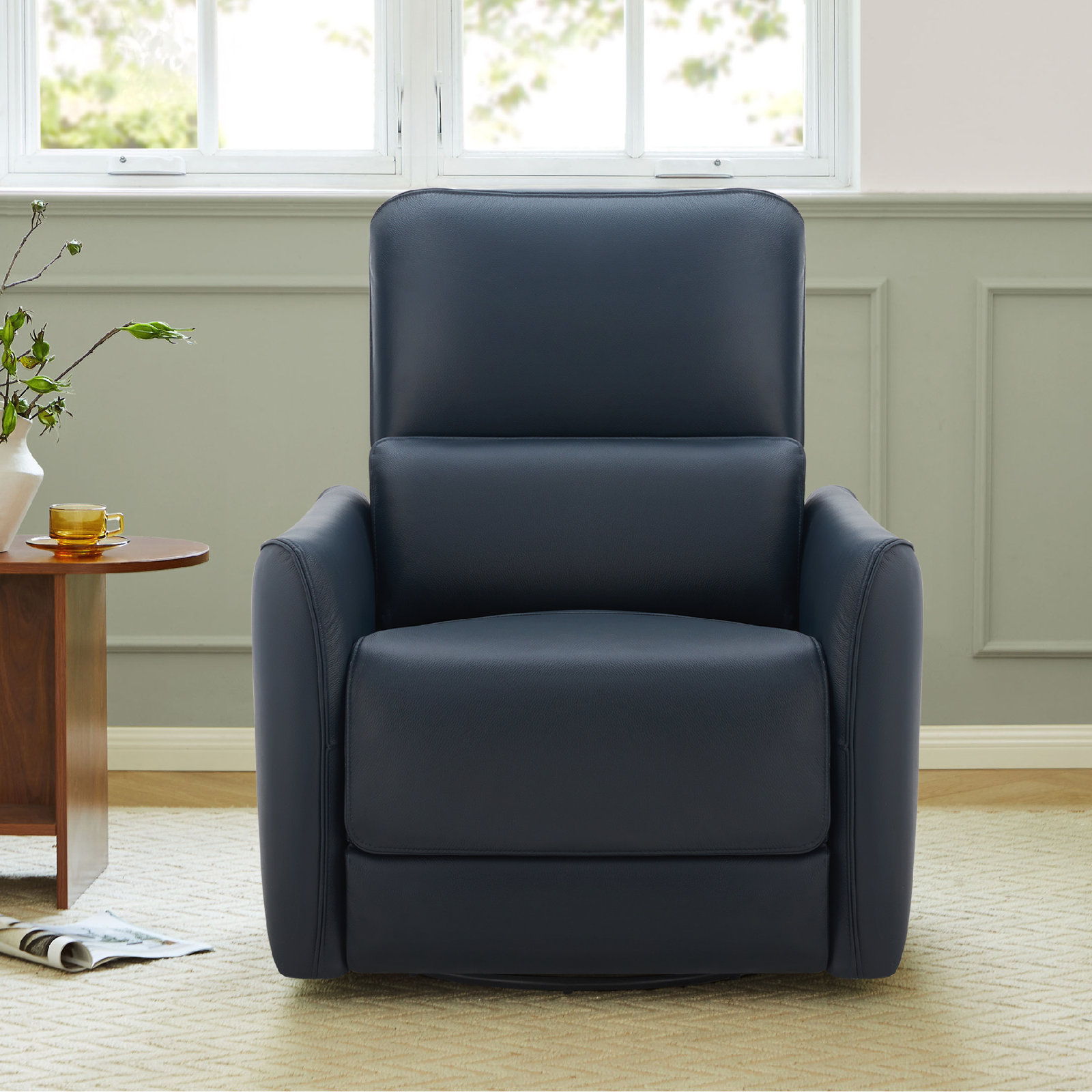 Santo 33" Genuine Leather Swivel Power Recliner, Impression Midnight Top Grain Leather