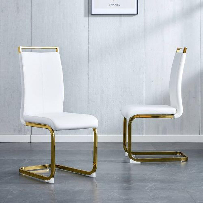 Modern Dining Chairs,PU Faux Leather High Back Upholstered Side Chair With Silver C-Shaped Tube Chrome Metal Legs For Dining Room Kitchen,Guest Office Chair (Set Of 4 (Beige+PU)W115190018
