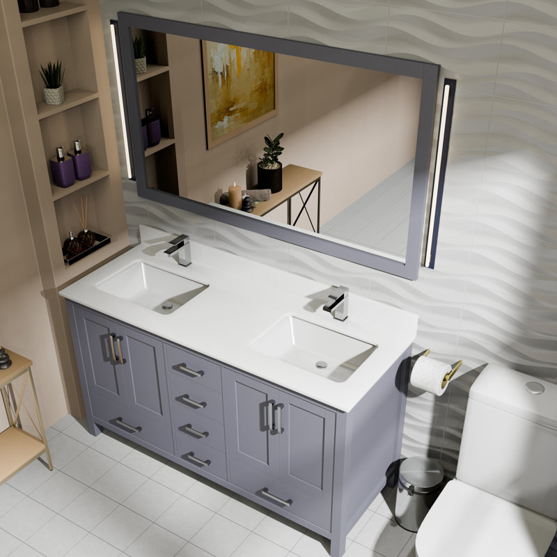Jacques 60 in. W x 22 in. D Double Bath Vanity, and 58 in. Mirror, Dark Gray, White Cultured Marble