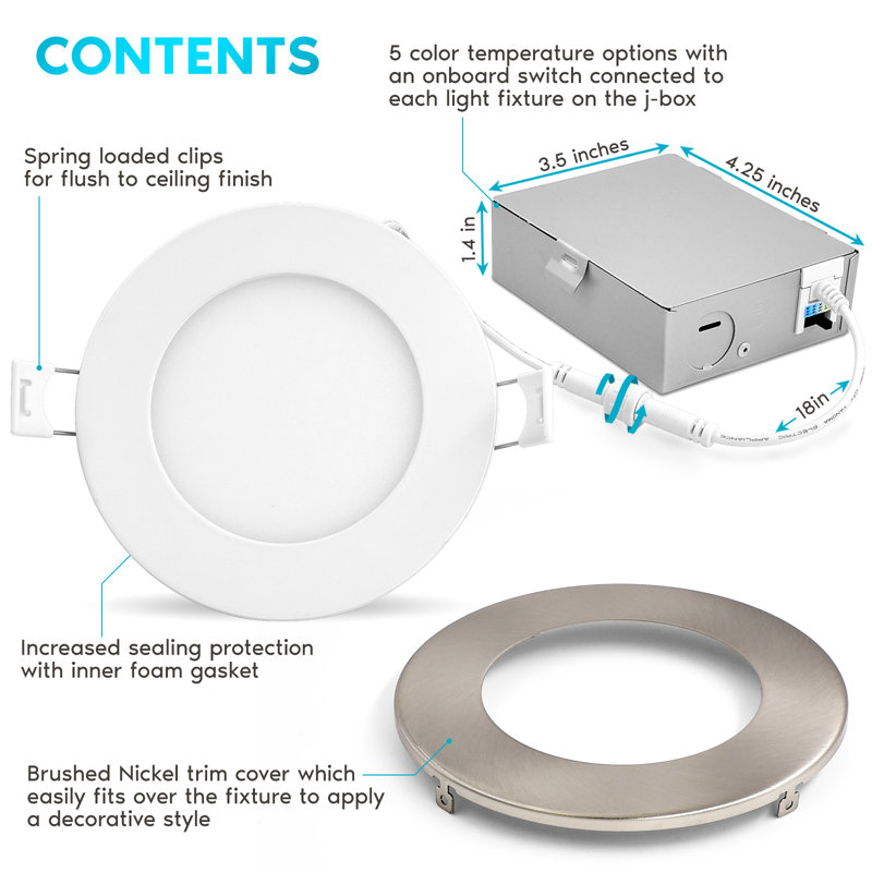 4'' Brushed Nickel LED Canless Recessed Lighting Kit with Adjustable Color Temperature