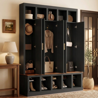 Armoire de rangement de style campagnard avec penderie, étagère à chaussures, casiers de présentation et crochets à manteaux, garde-robe autoportante pour garde-robe, vestibule, vestibule