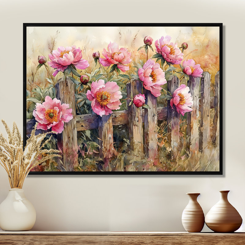 Ferme pivoines par la clôture rustique I - pivoines, art mural, H 30 po x l 40 po, Noir, noir, noir, noir