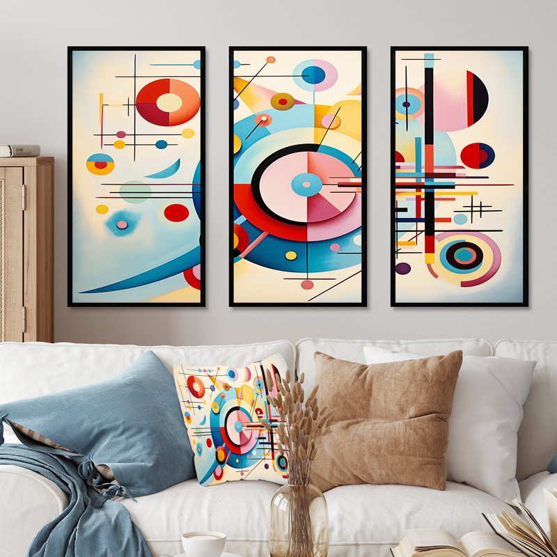 «Blue and Pink Abstract Geometric Vision 1» - art mural géométrique, Cadre flottant noir, H 28 po x l 36 po x P 1 po