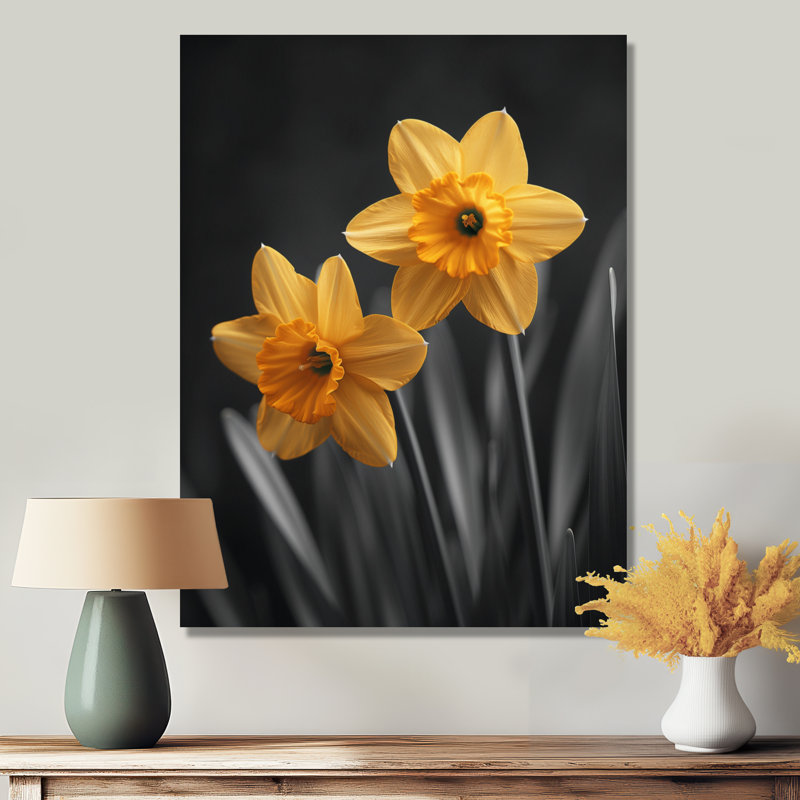 «Yellow Grey Garden Glamour Daffodils» - impression d'art mural jonquilles, H 12 po x l 20 po, Toile tendue