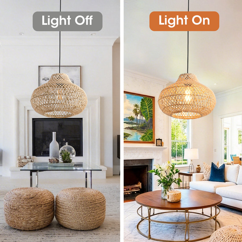 Rattan Pendant Light, Natural Wicker Shade, Iron Frame, Adjustable Height, E27 Socket, 48 Cm Diameter, For Dining Room Living Room (Bulb Not Included)