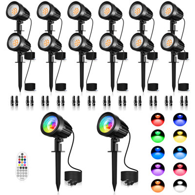 Combo Landscape Lighting Kit Includes 12pcs Low Voltage Warm White Spotlights And 2pcs Rgb Colour Changing High Voltage Stake Lights To Meet All Your Yard Lighting Demands
