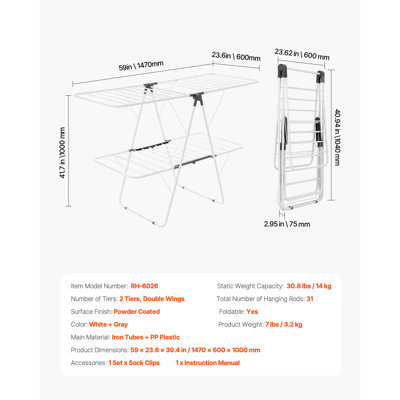 Clothes Drying Rack, 2-Tier Foldable Laundry Dryer Rack with Sock Clips & 31 Dry Rods, Metal Height Adjustable Drying Racks for Outdoor & Indoor, Free-Standing & Space-Saving Hanger, White