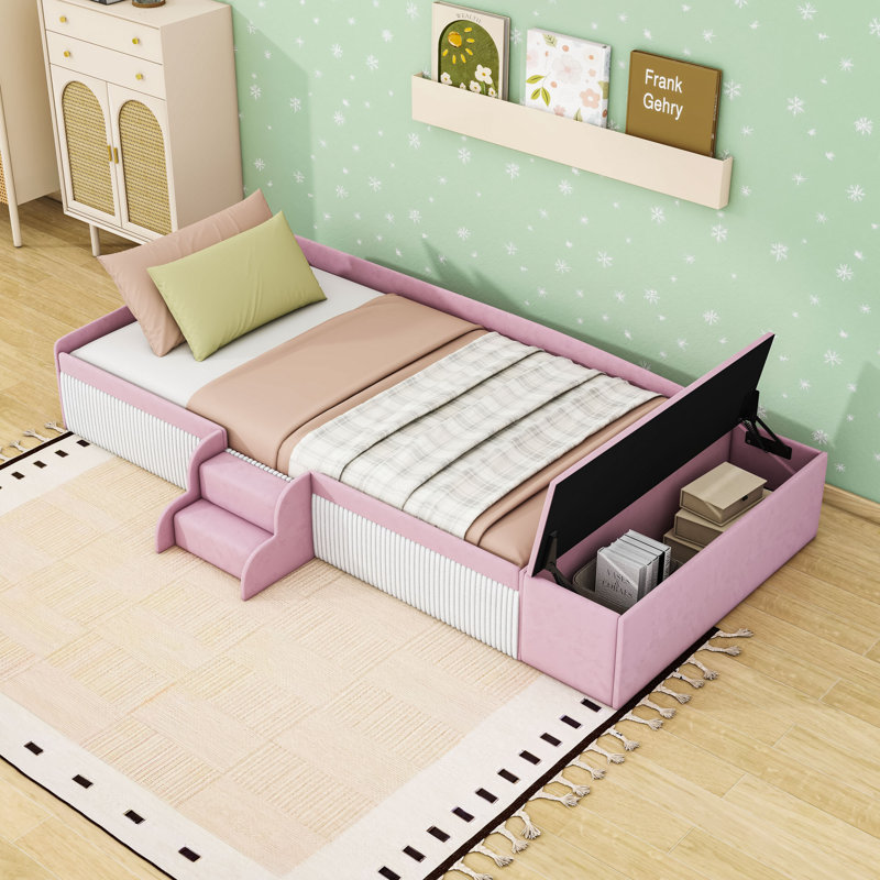 Lit rembourré en velours avec repose-pieds avec rangement intégré, Lit simple, Rose/Blanc