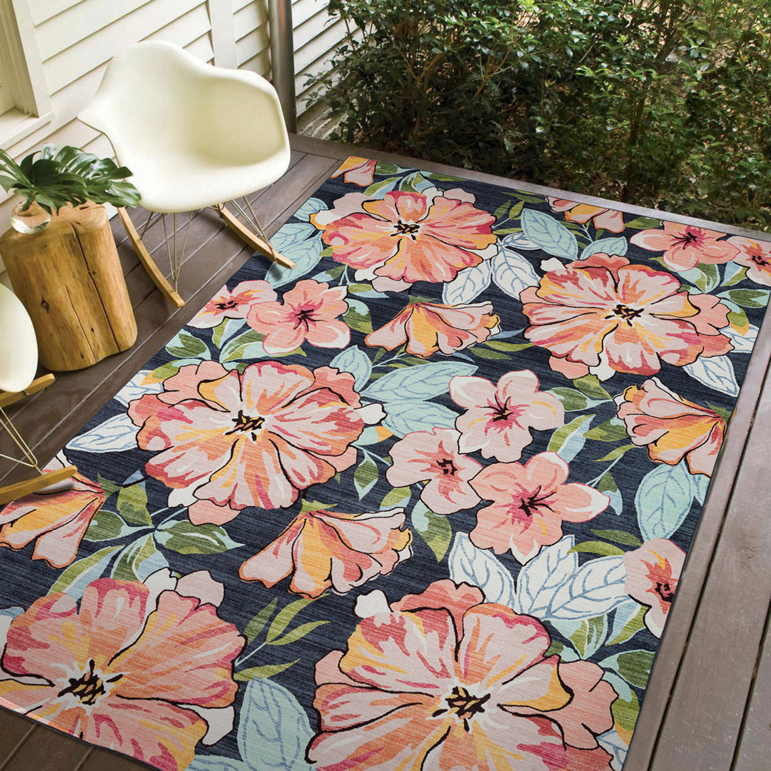 Floral Design Outdoor Rug Pink/Black No Slip for Deck Backyard Balcony Patio DECOMALL Rug 