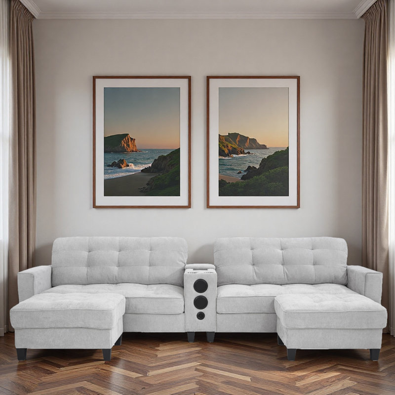 Modern U-shaped Sectional With Movable Storage Ottomans, Multifunctional Console, Bluetooth Speakers And Led Lights