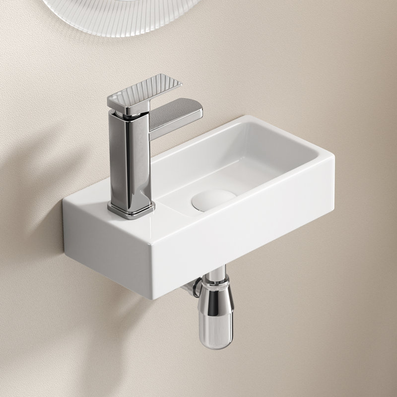 Lavabo de salle de bain mural rectangulaire en céramique blanc 14,57 "x 7,09" avec robinet et bonde Topcraft - Côté gauche