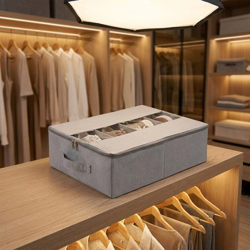 Space-Saving Linen Shoe Storage Box Under-Bed Storage Fabric Dusts-Proof Damp Conditions-Proof Transparent Foldable Shoe Box