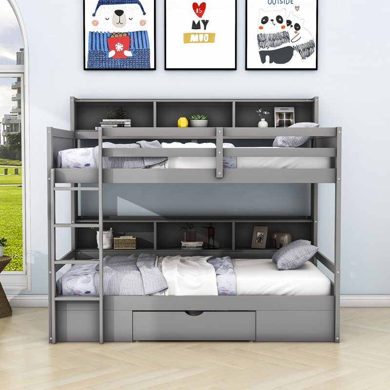 Gurleen Kids Twin Over Twin Bunk Bed with Drawers, Gray