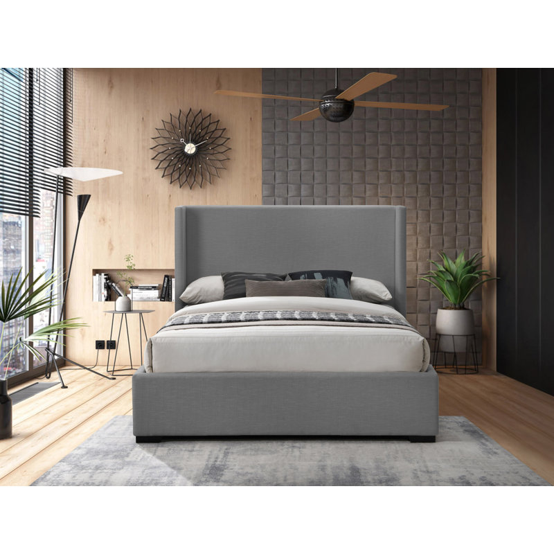 Lit plateforme tapissier Oxford Tachani, Tissu texturé en lin gris, Grand