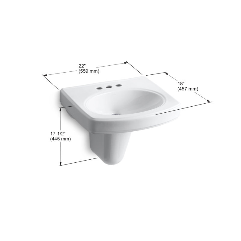 Pinoir® Vitreous China U-Shaped Semi-Pedestal Bathroom Sink with Overflow, White, 8" Centers