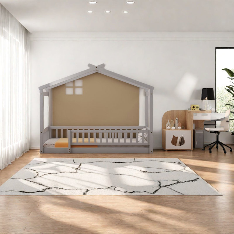 Modern Twin Size Wood Beds, Sturdy Playhouse Frame With Roof And Fence For Kids
