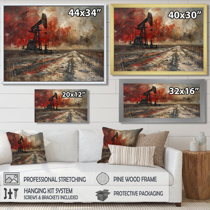 «Red Winter Oil Fields Industrial Icon II - Oil Rigs / Fields», reproduction d'art murale, Canevas