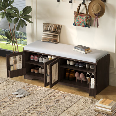 Rustic Storage Bench Multifunctional Wood Entryway Shoe Bench With Removable Cushion, Woven Rattan Doors & Adjustable Shelves For Hallway, Living Room (Espresso+Beige ), Shoe Storage