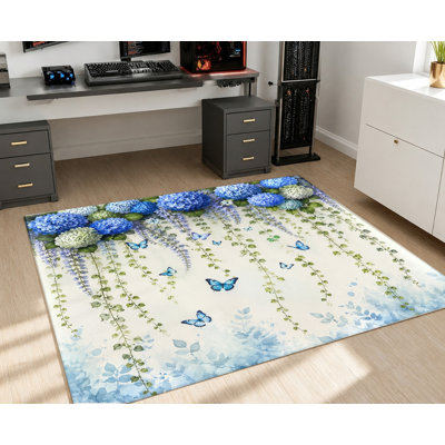 Tapis de style rétro, motif papillon d'hortensia bleu, design artistique, tapis antidérapant lavable à la machine, charmante décoration intérieure pour le salon, la chambre à coucher, le vestibule, la porte d'entrée, la cuisine, le balcon et l'appartement