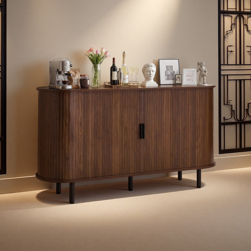 Armoire à café, table basse cannelée de style Mid-Century, armoire avec 2 portes coulissantes et buffet pour le salon