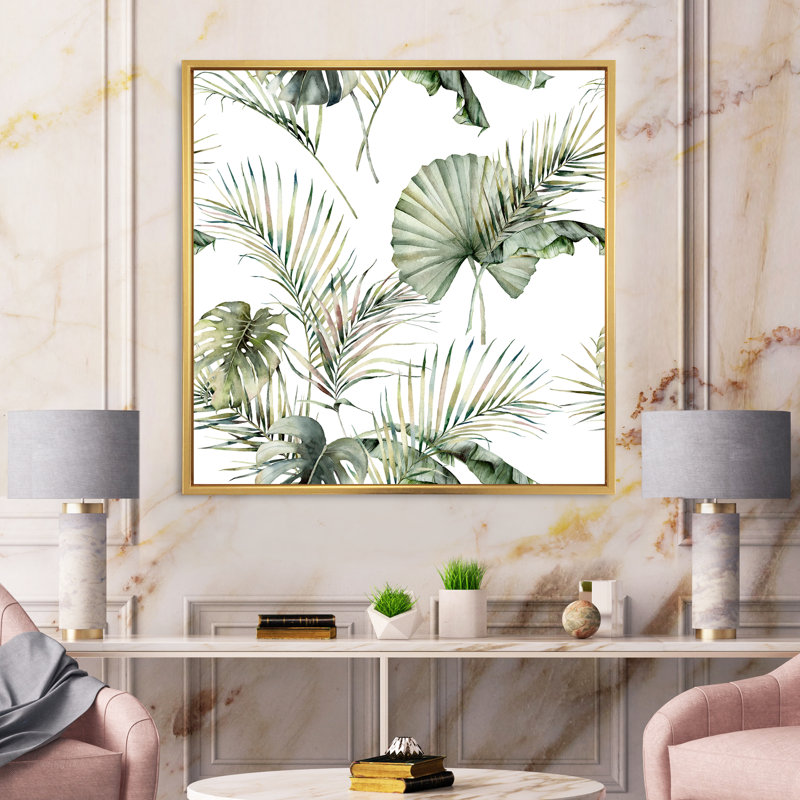 «Tropical S» avec Monstera et feuilles de noix de coco - peinture sur toile à cadre flottant, Toile encadrée dorée