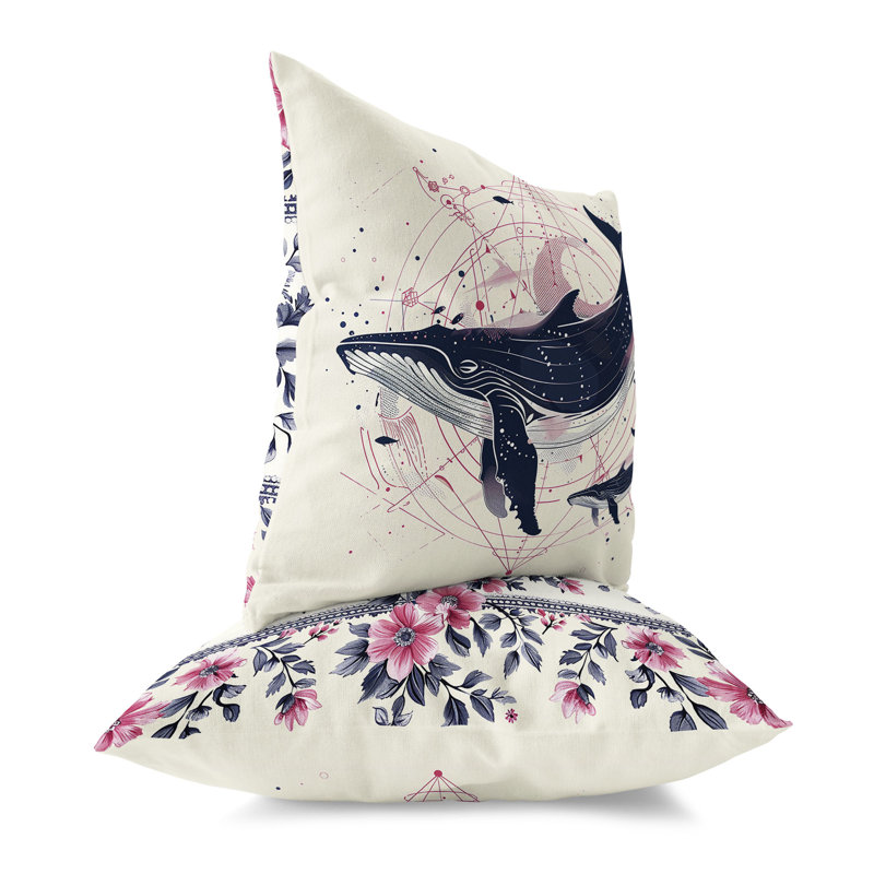 Coussin Whale and Petals Tales, H 18 po x l 18 po, Bleu / Rose