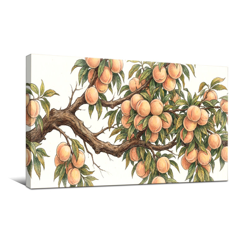 Plantes et fleurs - Branche de pêcher avec fruits et feuilles mûres, H 16 po x l 32 po
