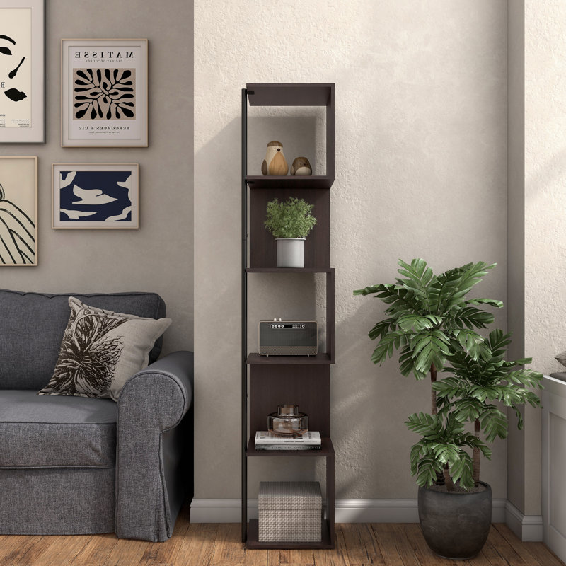 Seldovia 61.5"H 5-Tier Corner Bookcase, Dark Brown