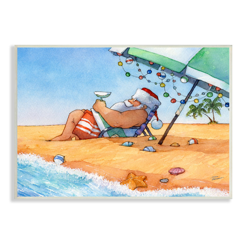 Père Noël, parasol de plage, bord de mer, Noël, encadré noir, art texturé par Steve Vanderbosch, H 13 po x l 19 po x P 0,5 po