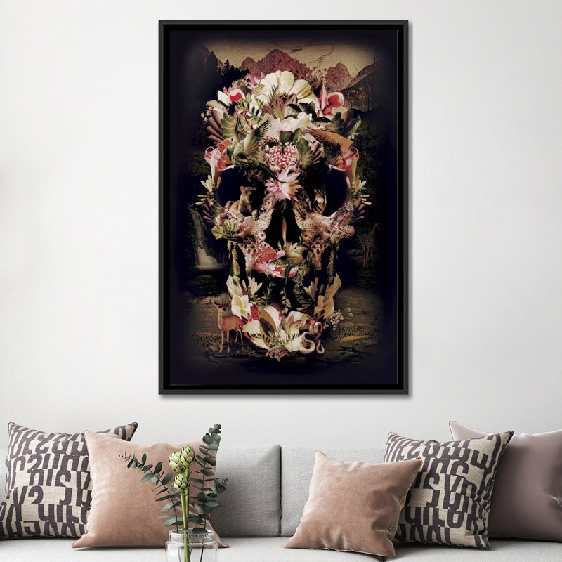 «Jungle Skull» par Ali Gulec, impression sur toile tendue, H 26 po x l 18 po x P 1,5 po, Toile encadrée noire, Pas de tapis