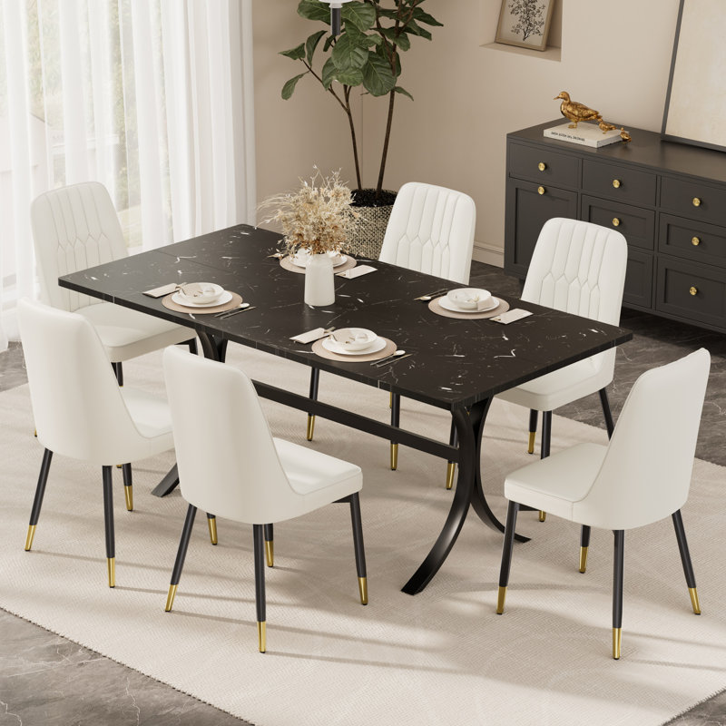 Modern Rectangle Dining Table Set for 4-6, Marble Texture Kitchen Table and Faux Leather Upholstered Chair for Dining Room