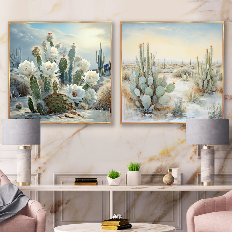 Cactus Charm In Winter - Cactus carré, ensemble de 2 collages, H 16 po x l 33 po, Cadre flottant doré