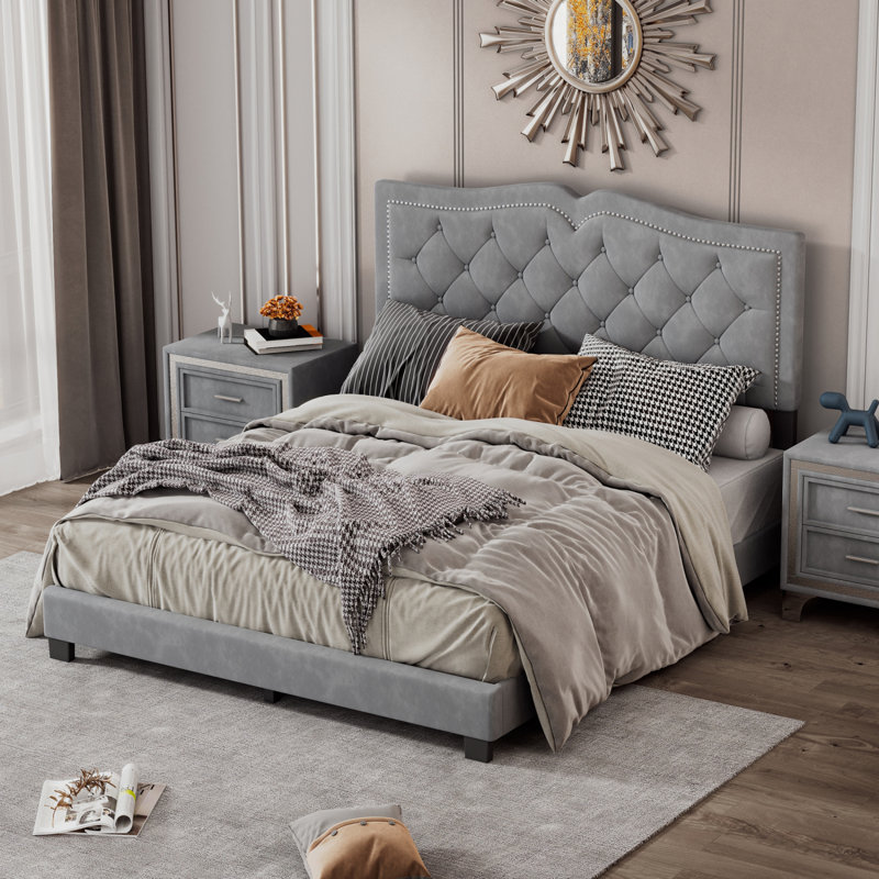 Upholstered Platform Bed with Tufted Velvet Headboard and Decorative Rivets, Modern Elegant Bed Frame, Gray, Full / Double