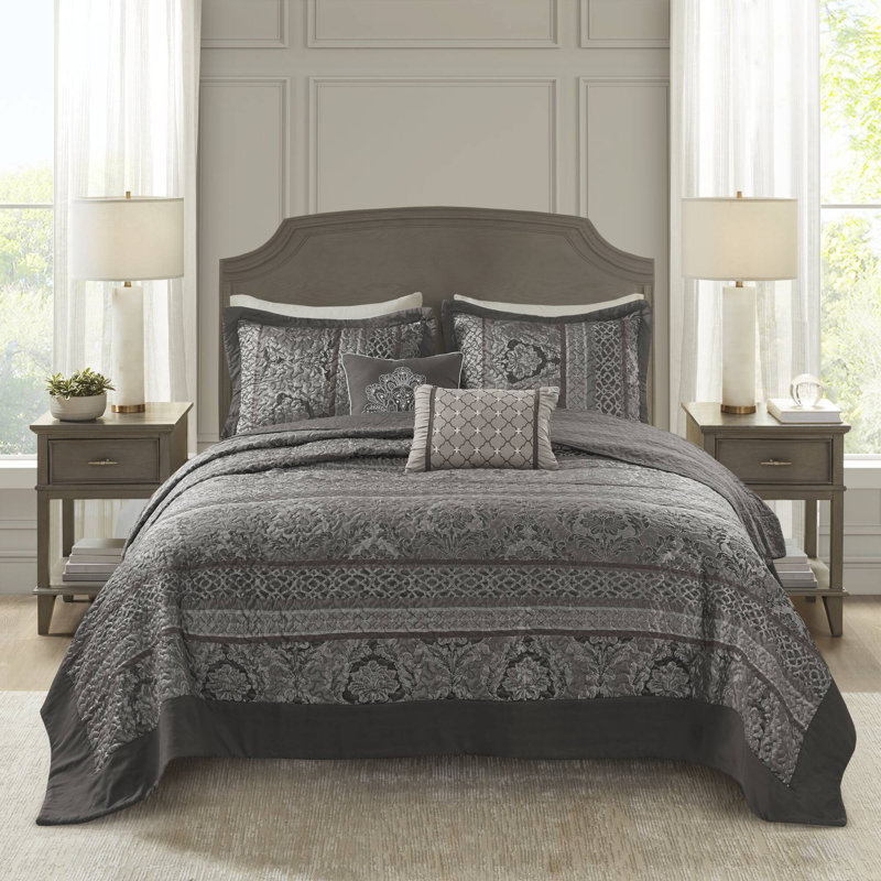 Bellagio 5 Piece Reversible Jacquared Coverlet Set, King Coverlet + 4 Additional Pieces, Gray
