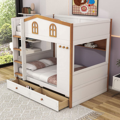 Lit superposé avec garde-corps en forme de maison, tablettes de rangement et tiroirs